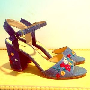 Qupid Denim Blue Embroidered Block Heel Sandals